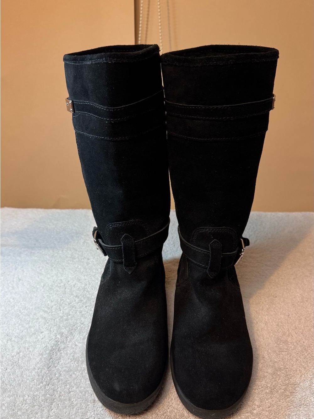 Women’s Coach Tallulah Black Suede Mid-Calf Boots w Faux Shearling Lining New